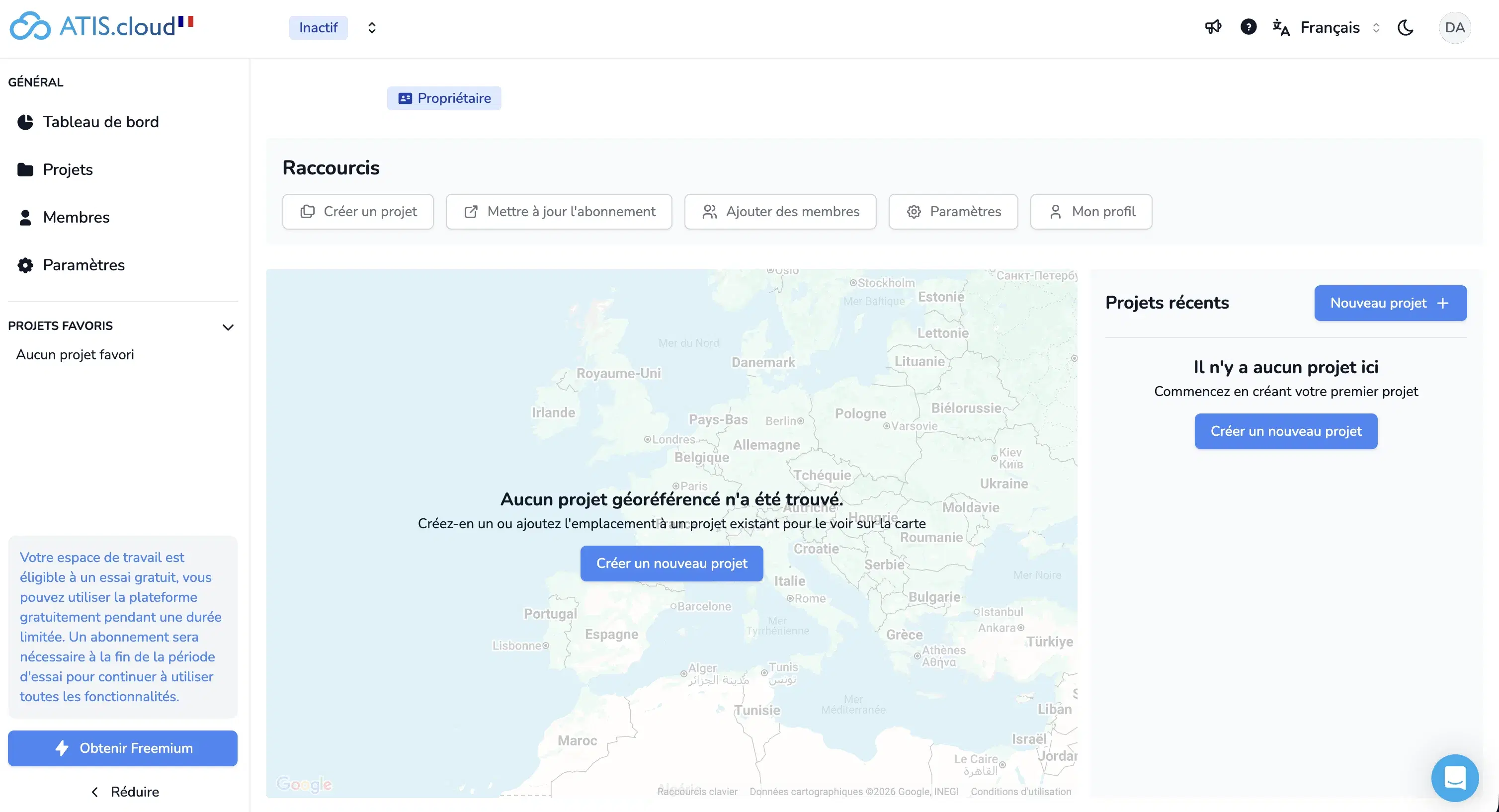Interface ATIS.cloud, tableau de bord avec visualisation de nuages de points géoréférencés sur carte